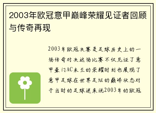 2003年欧冠意甲巅峰荣耀见证者回顾与传奇再现