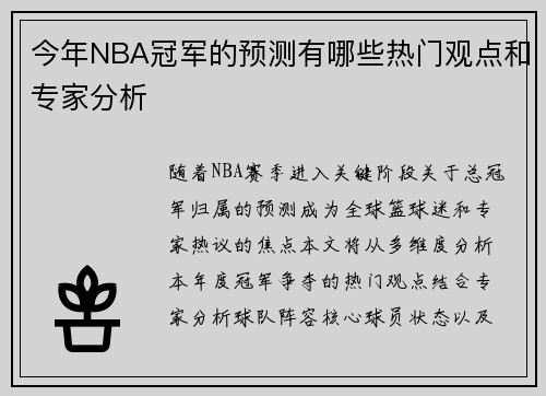 今年NBA冠军的预测有哪些热门观点和专家分析